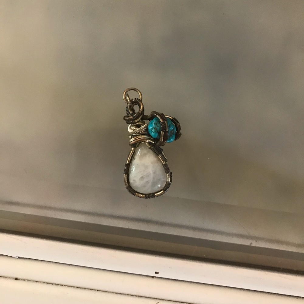 Opal & Turquoise Raw Stone Pendant Coil Wrapped